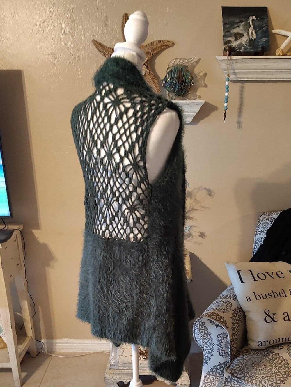 Escio Women's Open-Front Crochet Forest Green Long Boho Hippie Gypsy Vest